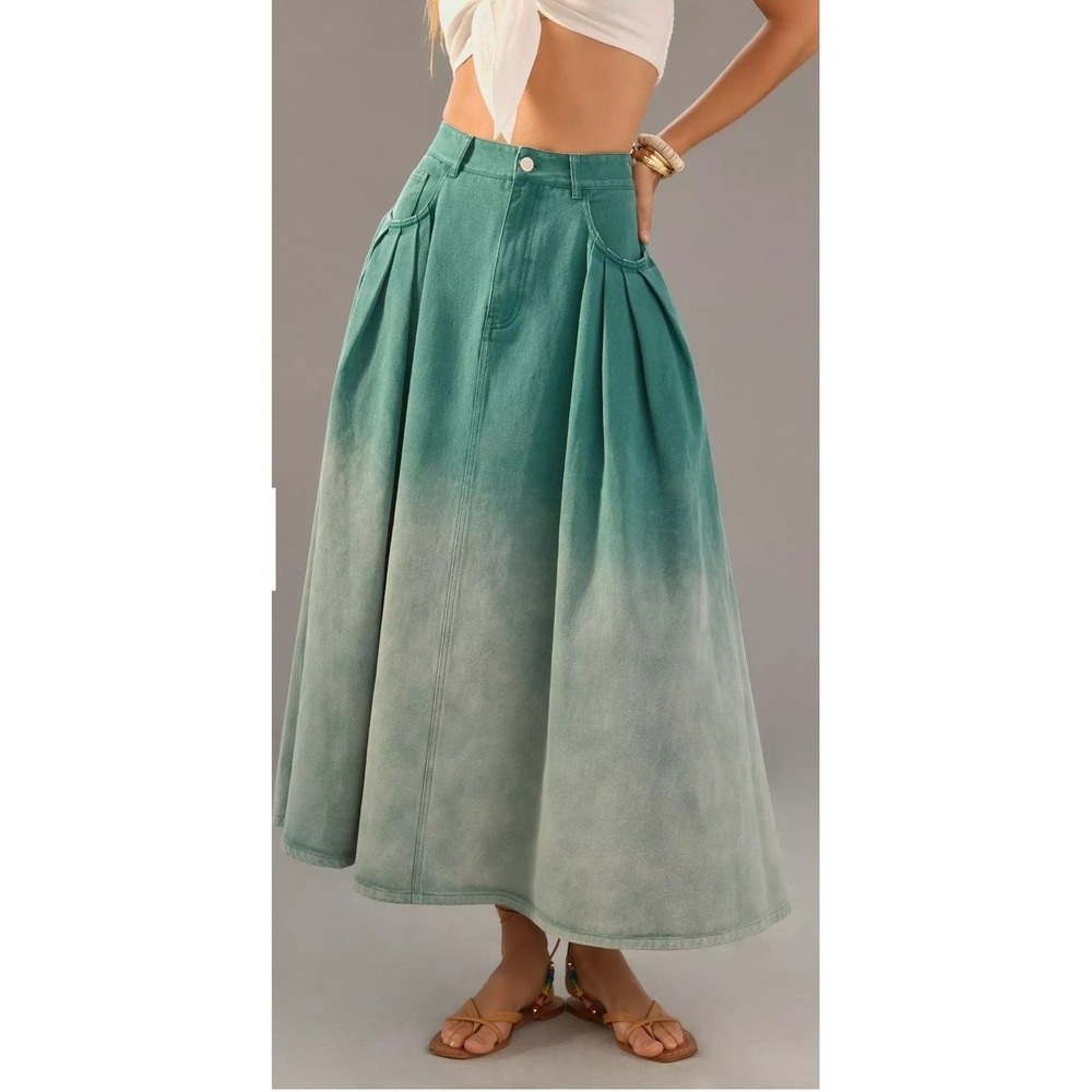 Mare Mare x Anthropologie Green Ombre Pleated Denim Maxi Skirt XS Boho Fit Flare